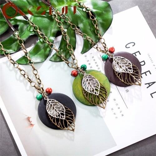 Long Necklace for Women Wooden Jewelry Statement necklaces & pendants Vintage Plant leaves Pendants Jewellery Suspension 2020