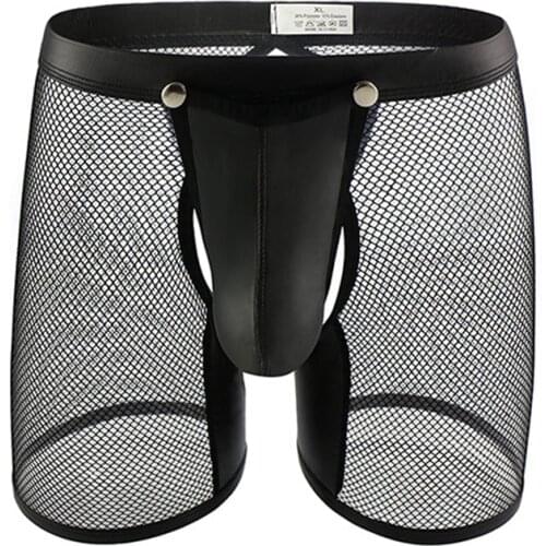 Men Underwear Shorts Lingerie Sexy Mesh Transparent PU Leather Open Penis Pouch Long Leg Boxer Shorts Open Butt Fetish Clubwear