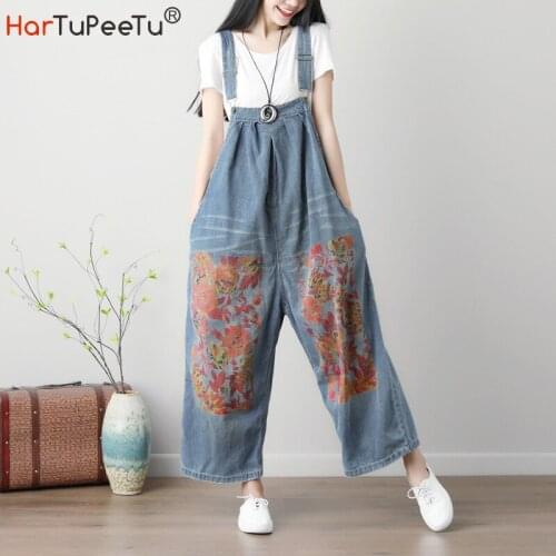 Plus Size Denim Jumpsuit Women Overalls 2021 New Summer Autumn Floral Wide-leg Jeans with Pockets Female Loose Casual Pants