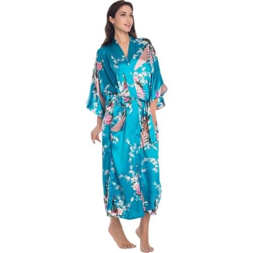 Blue Chinese Women Long Silk Rayon Robe Kimono Yukata Bath Gown Sexy Lingerie Sleepwear Flower Plus Size S M L XL XXL 3XL D125
