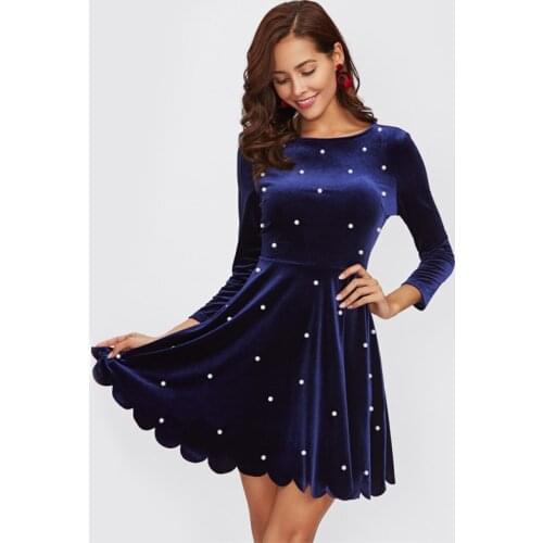 HGTE Pearl Beading Scalloped Velvet Dress Women Royal Blue Long Sleeve A Line Dress Zipper Back Elegant Skater Dress