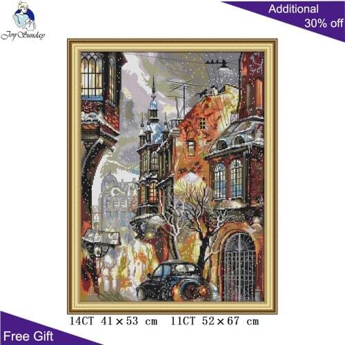 Joy Sunday Winter Street Needlework F971 14CT 11CT Counted and Stamped Home Decor Snow In The City Embroidery Cross Stitch kits