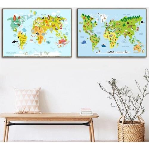 Modern children room decoration painting marine life continent animal world map children poster wall and print art print canvas