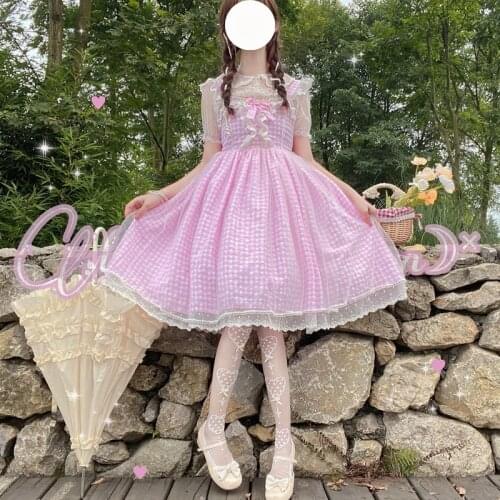 Summer Pink Blue Jk Dress Woman Japanese Kawaii Sleeveless Plaid Lace Ruffle Mesh Dress Soft Girl Lolita Bow Dress Women Clothes