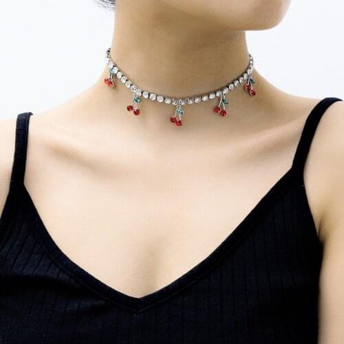 MWSONYA Fashion New Korean Cherry Necklace Pendant for Women Rhinestone Chain Temperament Necklace Long Pendant Party Jewelry
