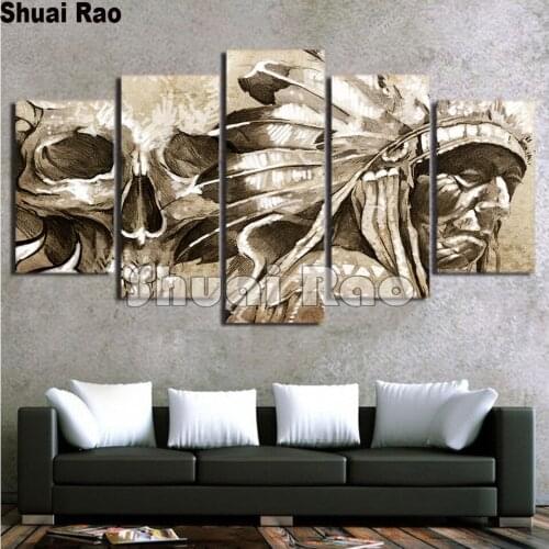 5 piece diamond painting Indian tribe chief feather and skull 5 d diamond embroidery full drill crystal 3d Handmade art set gift
