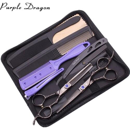 Hairdresser Scissors Set Purple Dragon 6" Japan 440C 9002#Hair Cutting Scissors Thinning Scissors Add Wooden Case Barber Shears