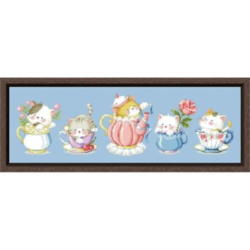 Tea cat cross stitch kits plants aida fabric 14ct 11ct skyblue canvascotton thread embroidery kits DIY craft set