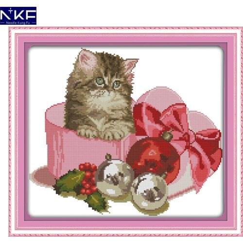 NKF Christmas Gift-cat Cross Stitch Set Handmade Craft Needlework Cross-Stitch Embroidery Kit Cross Stitch for Home Decor