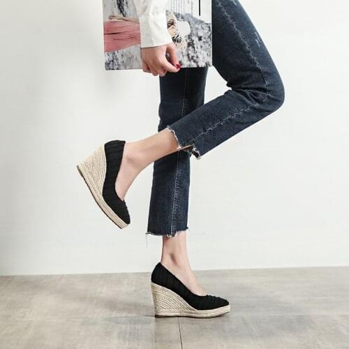 2021 New Wedges High Heels For Womens With Stripe Pointed Hemp Rope Weaving Single Shoes