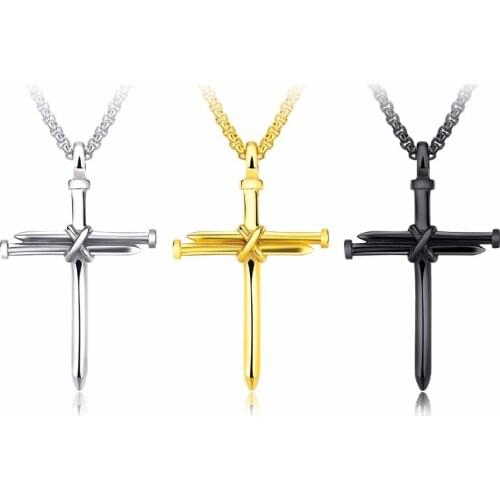 Personality Cross Pendants Necklace For Cool Men Gold Color /steel/black Stainless Steel Box Link Chain Male Jewelery Gift