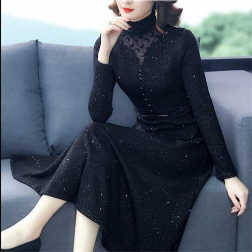 Turtleneck New Dresses Womens Clothing Autumn And Winter Velvet Fashion Slim Elegant Long Dress Plus Size Sequins Vestido y1062