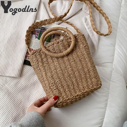 Straw Woven Bag Handmade Rattan Woven Vintage Retro Straw Rope Knitted Women Crossbody Handbag With Ring Fresh Summer Beach Bag