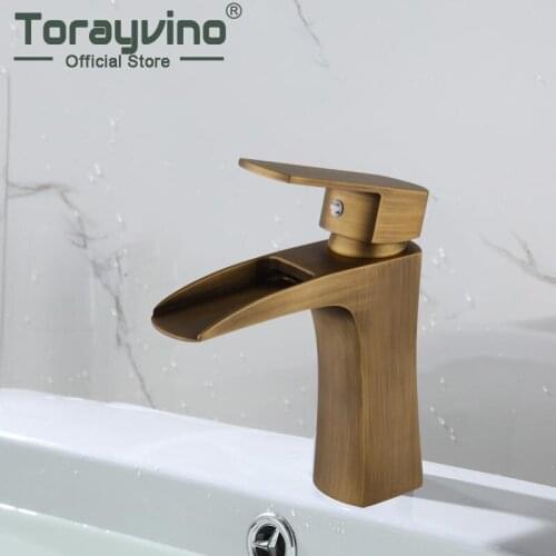 Luxury waterfall faucet bathroom short Antique brass tap deck mounted single handle faucets new torneira para banheiro mixer tap