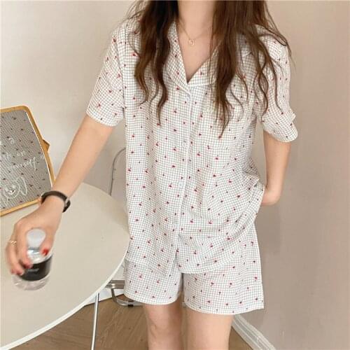 Cute cotton cherry plaid pajamas set women home clothes 2 piece set short sleeve sleepwear shorts pijamas summer homewear Y394