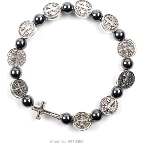 St Benedict Rosary Braclets Flat Alloy Beads Round Hematite Beads Elastic Bracelets