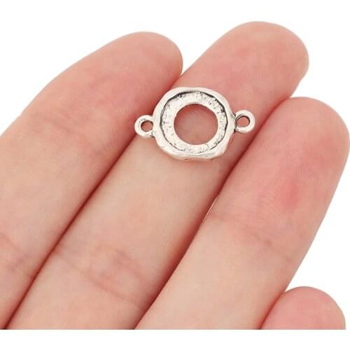 50 x Tibetan Silver Charms Connector Double Sided Hollow Blank 10mm Round Cabochon Setting for Bracelet Jewelry Making 19x12mm