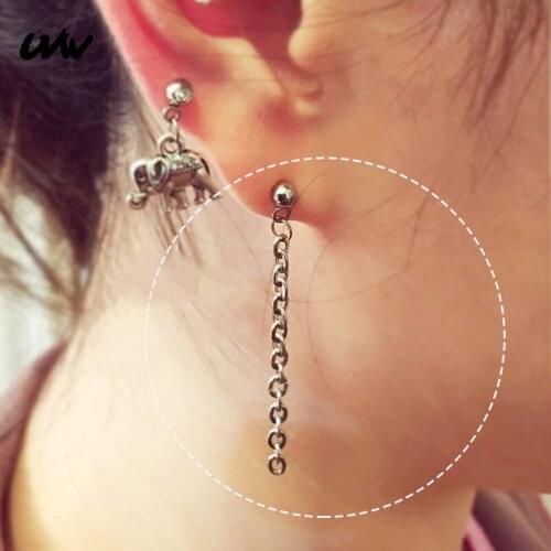 UVW053 2pc Boho Stainless Steel Long Chain Dangle Earrings Ear Pin Piercing Earrings for Women Jewelry Silver Black Gold Color
