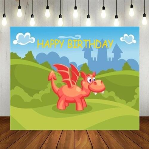 Vinyl Photography Backdrop Props Cartoon Animals Fantasy Summer With Castle And A Red Dragon For Kids Birthday Party Decoration