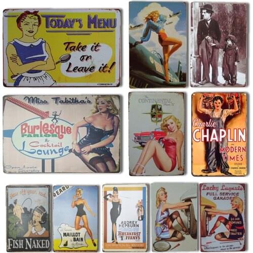 Vintage Pin-Up Girl Wall Sticker Metal Poster Retro Sexy Lady Metal Plate Garage Home Kitchen Room Decor Chaplin Movie Poster