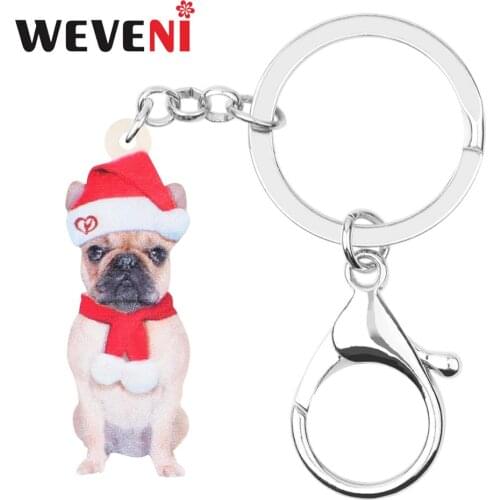 WEVENI Acrylic Christmas Hat Scarf Pug Dog Key Chains Key Ring Car Purse Bag Decoration Keychain Jewelry For Women Girl Men Gift
