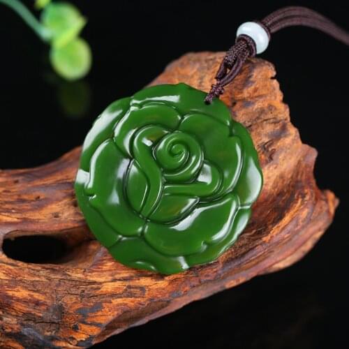 Green Jade Rose Pendant Flower Necklace Natural Chinese Carved Jadeite Jewelry Charm Amulet Fashion Gifts for Women
