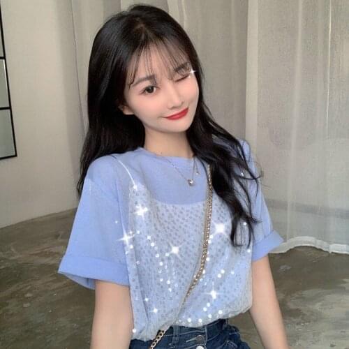 Woman TShirts Summer 2021 Mesh Sequ Stitching Loose Short-Sleeved T-shirt Womens Top Shirt Crop Top Mujer Camisetas