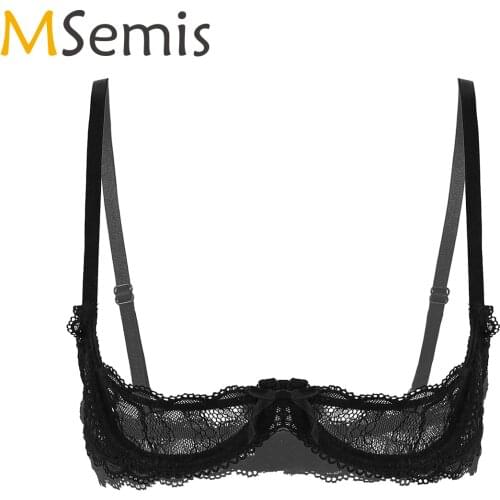 MSemis Women Sexy Erotic Tank Bras Top See Through Sheer Lace Hollow Out Lingerie Half Cup Bra Open Breast Push Up Underwire Bra
