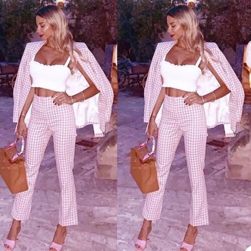 Pink Plaid Women Autumn Blazer Jacket Fashion Mother of the Bride Tuxedos Long Sleeve Work Pants Suit Coat Office Lady 2 Pieces