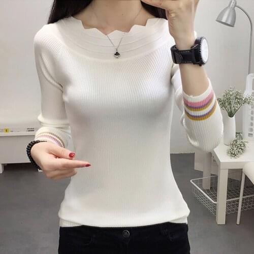 Sweaters for Women Spring Autumn Slash Neck Knitwear Women Slim Stripe Pullover Sweaters Long Sleeve Bottoming Jumper Tops