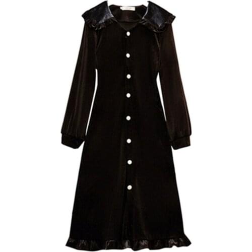 OL Solid Womens Long Dress 2021 New Spring Knitted Sweater Golden Velvet Plus Size Female Pleated Dress Trendy Ladies Vestido