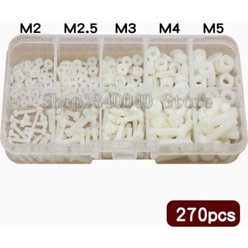 270pcs/set Nylon Pan Cylinder Head Cross Screws Hex Nuts Washers Assortment Kit M2 M2.5 M3 M4 M5 Plastic screws White/Black