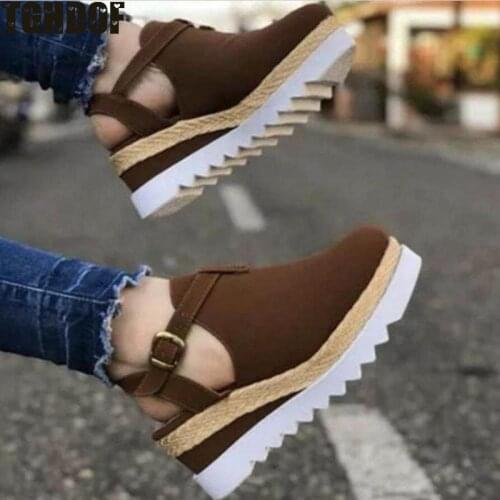 Womens Sandals Vintage Wedge Shoes Woman Buckle Strap Straw Thick Bottom Flats Platform Sandals Flock Female Shoes Summer 2021