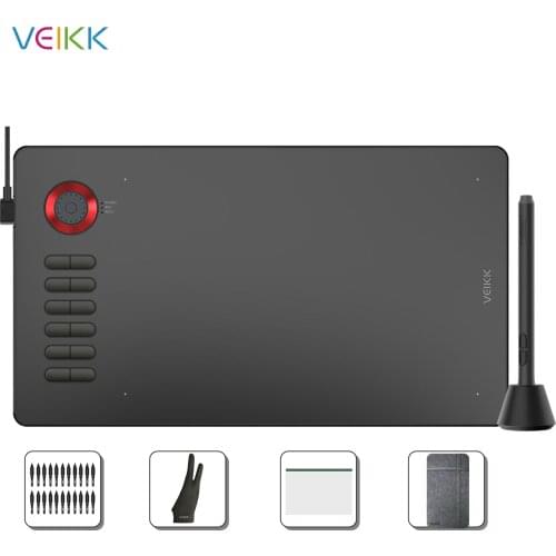 VEIKK A15 Pro Digital Drawing Tablet of 10 x 6 inch graphic tablet 12 Keys and Scroll wheel with Glove Red, Blue, Gray