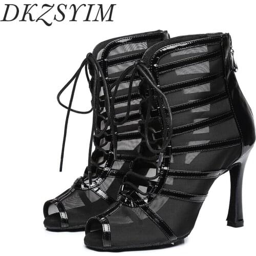 DKZSYIM Latin Dance Boots Women Ballroom Dancing Tango Shoes Open Toes Casual High Heels Dance Shoes Lace-Up Soft Suede