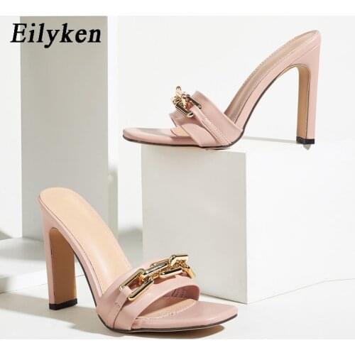 Eilyken New Fashion Metal Chain Decoration PU Leather Ladies Slippers Summer Sandals Square High Heels Sexy Shoes Size 35-42