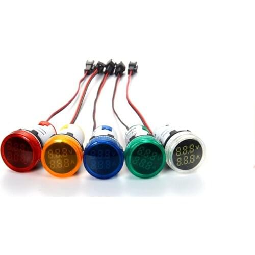 22MM Round Dual Digital Display Voltage Ampere Current Meter Voltmeter Ammeter LED Signal Gauge AC 50-500V 0-100A