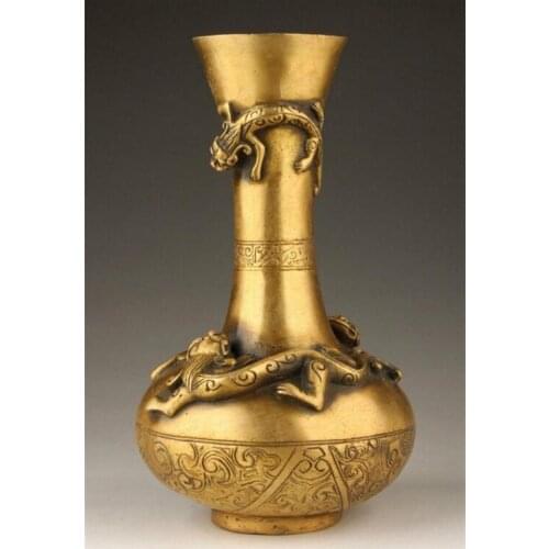 Copper Statue Collection Chinese Pure Brass Carved Animal Lifelike Dragon Vase Bottle Statue Beautiful Decoration Jar