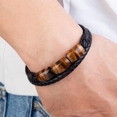 100%Natural Tiger Eye Stone Chakra Jewelry Charm Stainless Steel Mens Genuine Leather Braclets Natural Stone Bracelet Wholesale