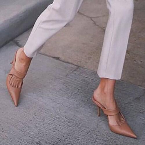 Cross Design High Spike Heels Women Slippers Solid Slip On Pointy Shoes Simple Leather Ladies Mules Summer Outdoor Slides