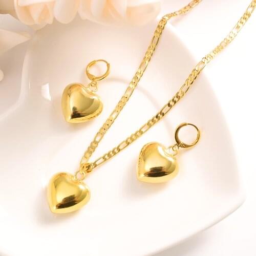 Earring Pendant Set 14 k Solid G/F Gold Ltalian Figaro Link Chain Necklace love heart crown Jewelry Sets bridal party charms