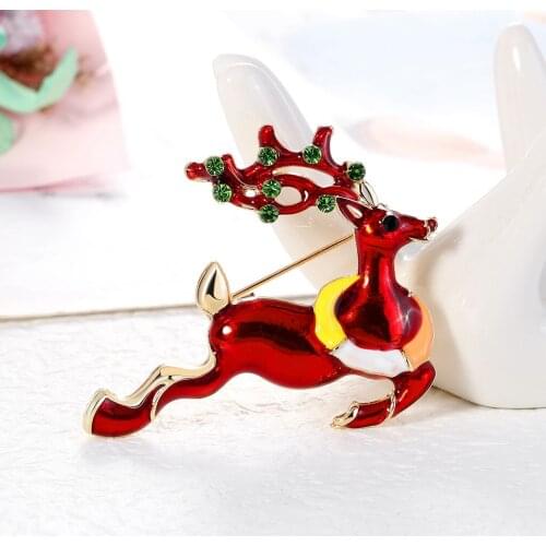 Christmas Deer Brooch Red Enamel Pins Cute Animal Elk Green Rhinestone Brooches Winter Jewelry Friends Gift New Year