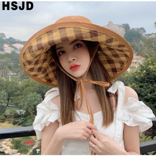 New Double-Sided Plaid Women Summer Super Large Wide Brim Beach Hats Foldable Anti-UV Sun Hat Panama Female Sunscreen Cap Bonnet