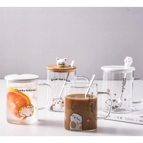 Ins Glass Cute Cartoon Cat Water Cup with A Household Mug Breakfast Juice Milk Coffee Cup