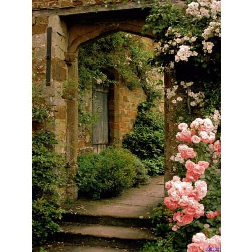 VinylBDS Scenic Photography Backdrops Spring Background Courtyard Backdrops Pink Photo Flower Wall Wedding for Studio