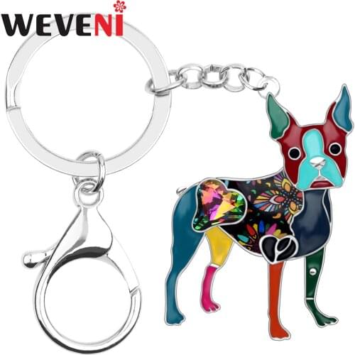 WEVENI Enamel Alloy Rhinestone Boston Terrier Dog Key Chain Keychain Ring Fashion Animal Jewelry For Women Girls Bag Charms Gift