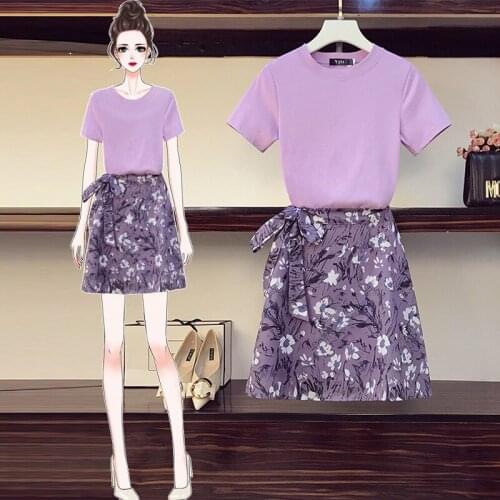 Skirt Two-Piece Set, New Large Size Womens Fashionable Slimming Floral Skirt Younger T-shirt Fresh Set Women