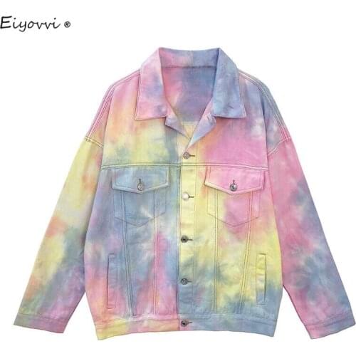 Sprirng Autumn 2021 Tie Dye Color Gradient Denim Jacket Women Wash Jean Jacket Coat Outwear Korean Top Harajuku Clothes