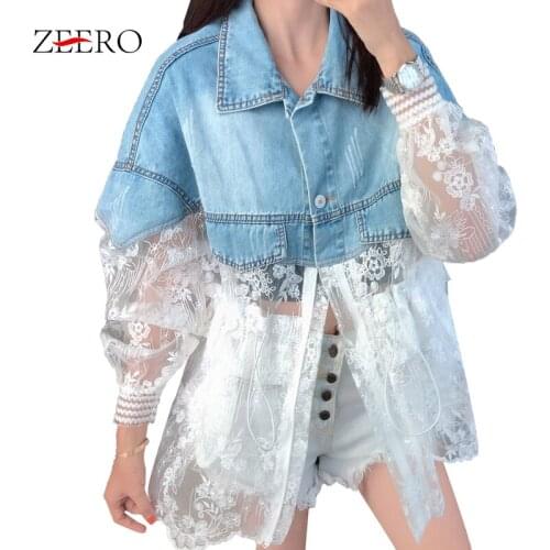 2020 Summer Oversized Denim Coats Women‘s Lace Embroidery Patchwork Jeans Coat Fashion Long Sleeve Mesh Jacket Sunscreen Clothes