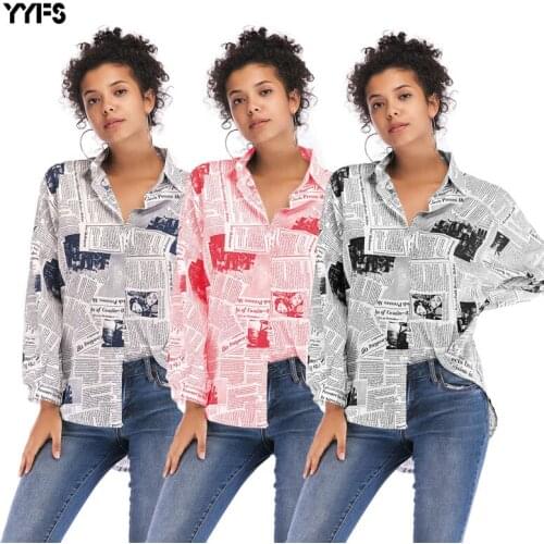 Europe and the United States 2019 fashion womens letter printing newspaper shirt wild long-sleeved shirt women
